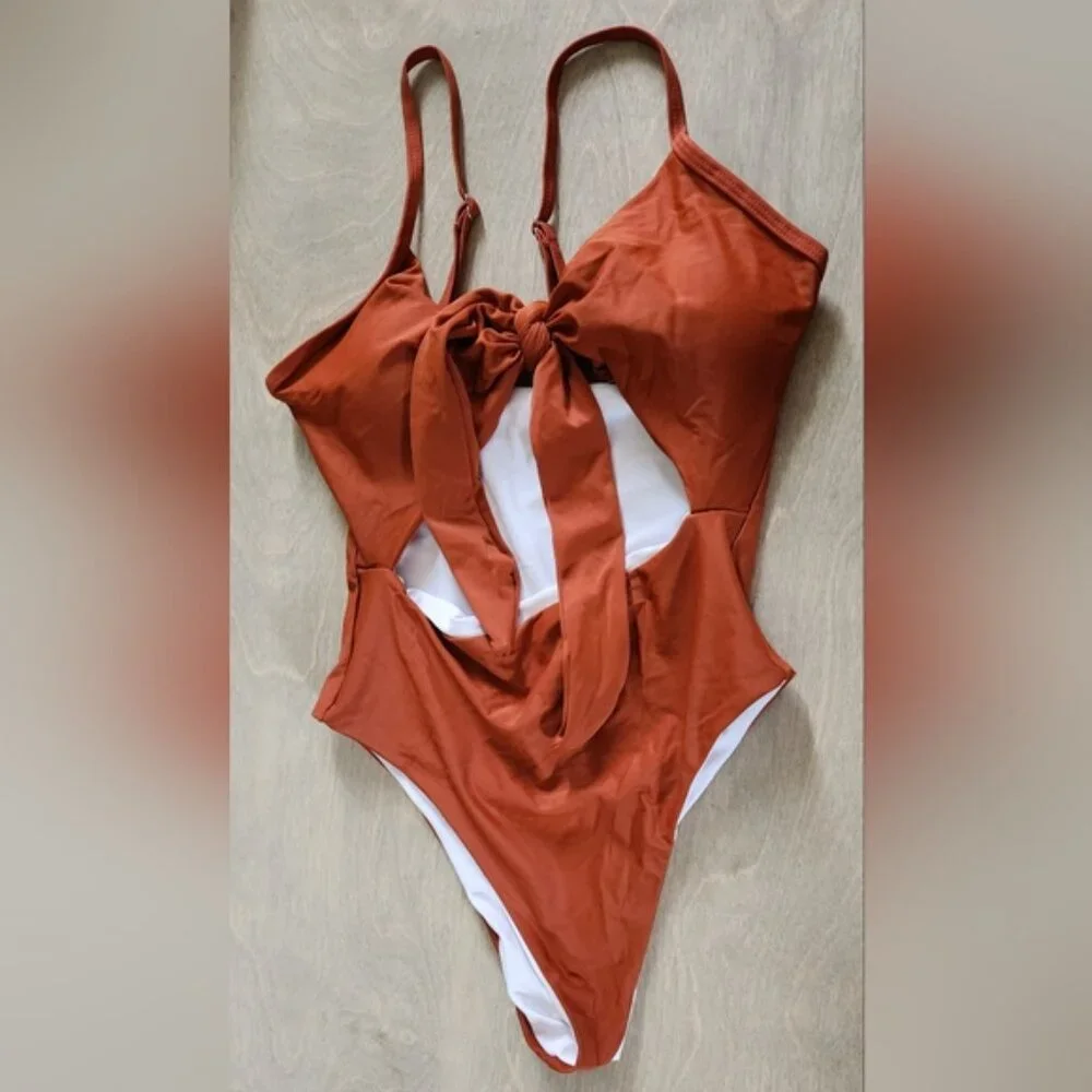 Rust Sm‎ One-Piece Swimsuit Tie Up Exposed Midriff